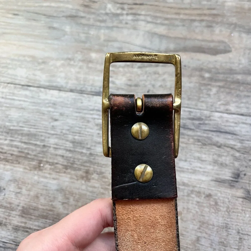 Vintage Leather Belt Deer Motif Tooled Western Dark Brown Size 44 Brass Buckle